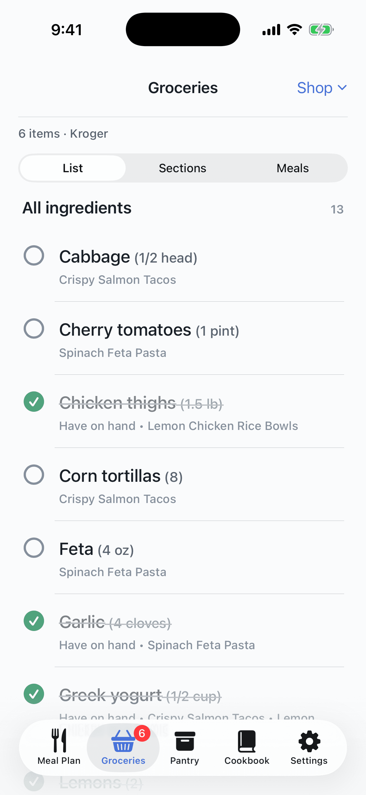 Plan2Cart iOS groceries screen