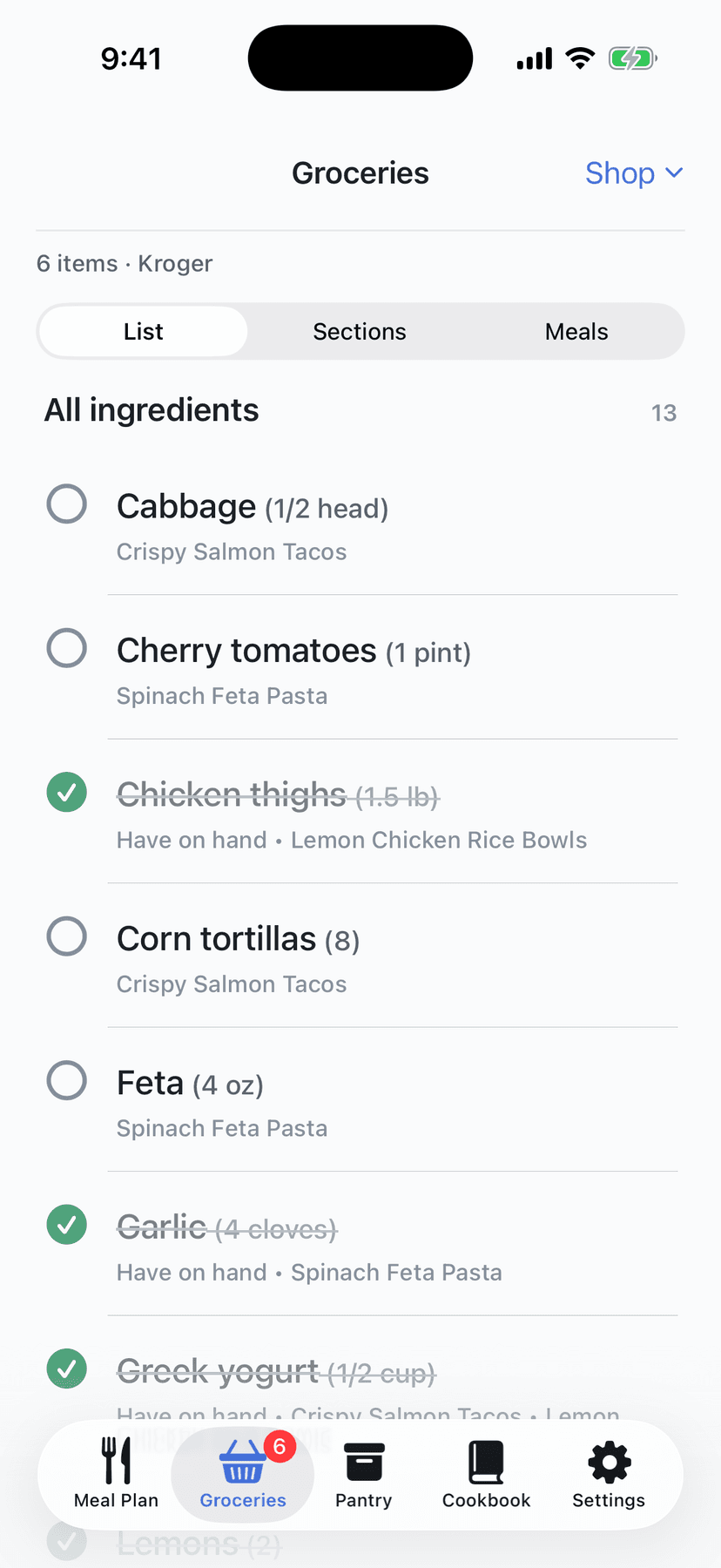 Plan2Cart groceries screen
