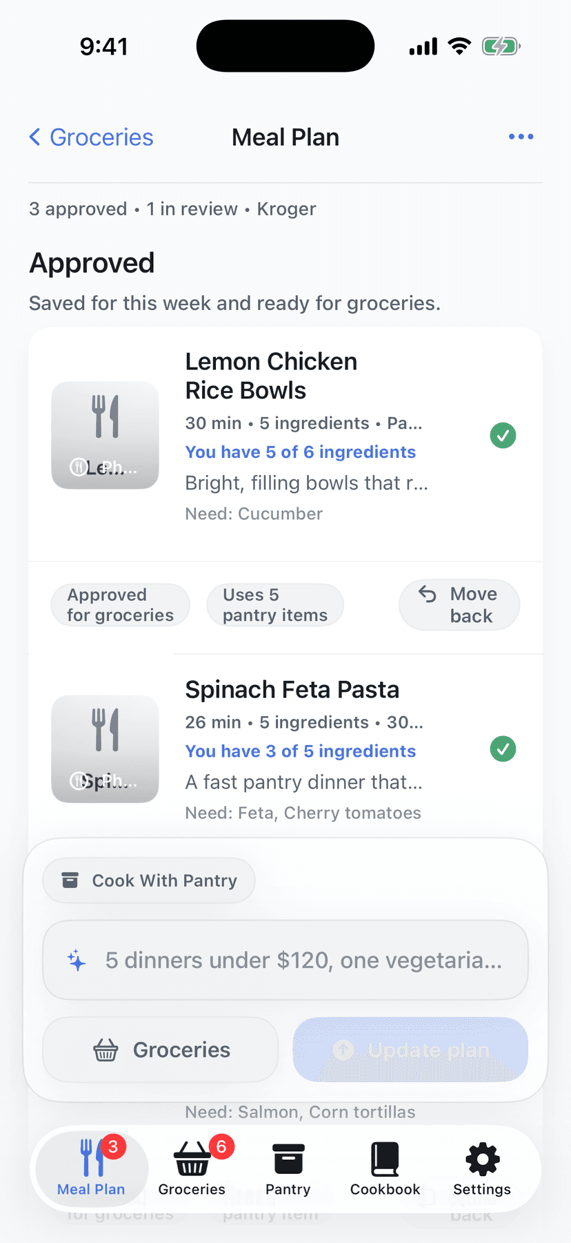 Plan2Cart meal planning screen