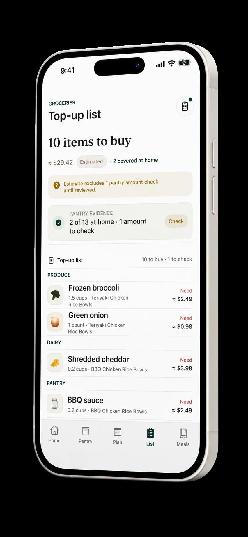 Plan2Cart focused top-up list with 10 items to buy and pantry checks