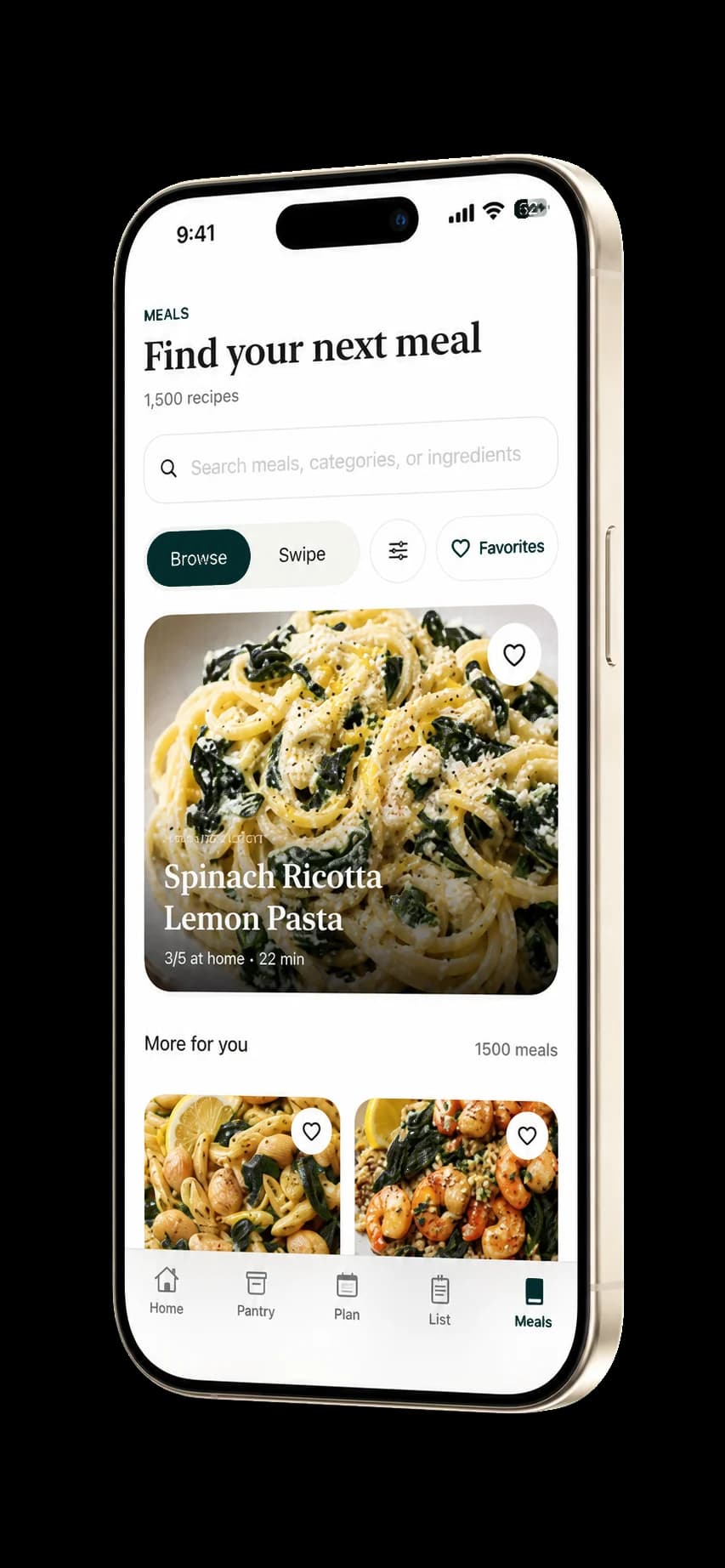 Plan2Cart meal discovery showing Spinach Ricotta Lemon Pasta with 3 of 5 ingredients at home