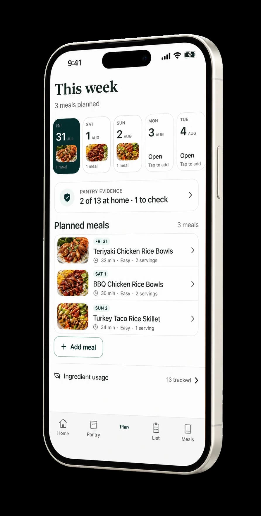 Plan2Cart weekly plan with three scheduled dinners